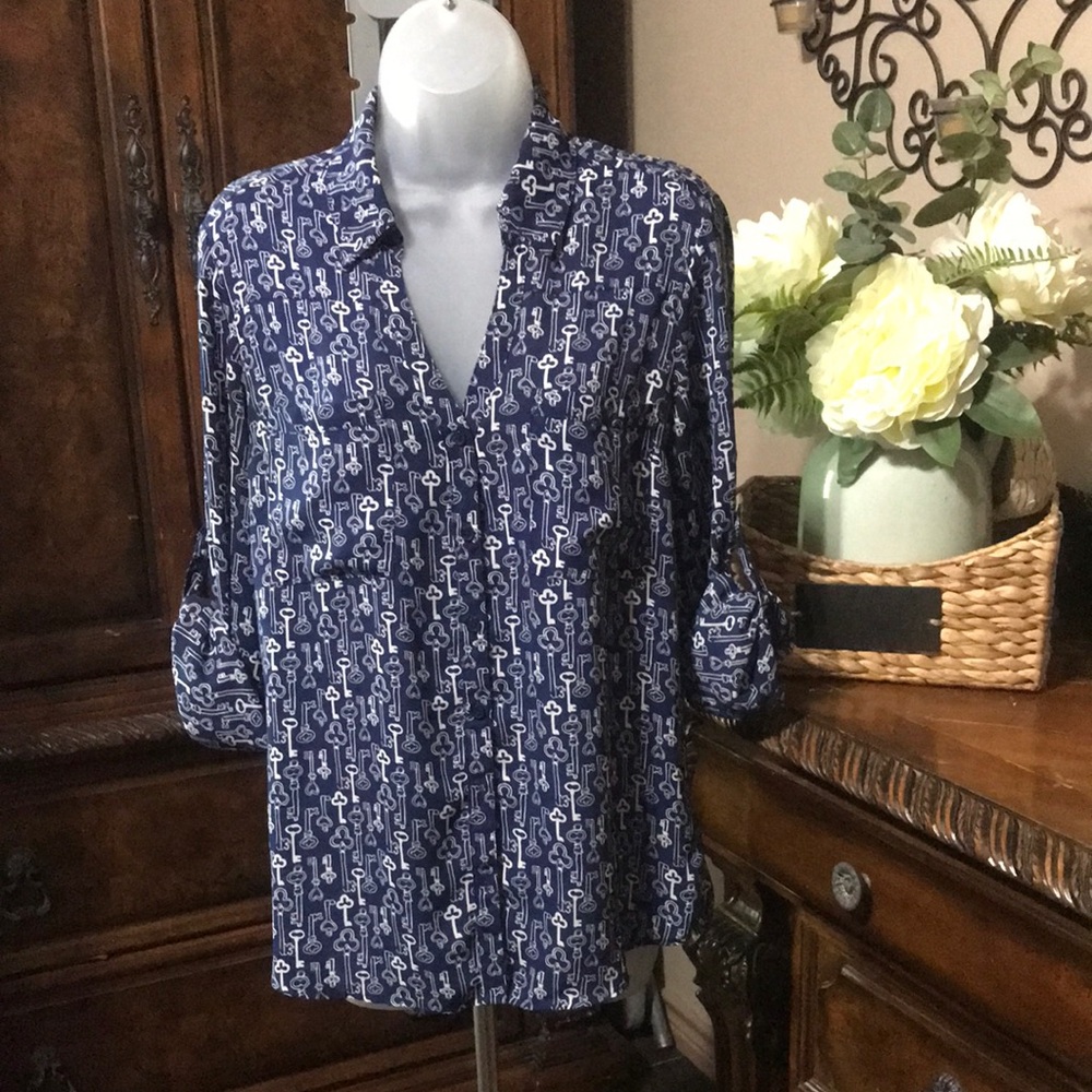 Express Portofino key print Blue and White  rolled Sleeves Blouse